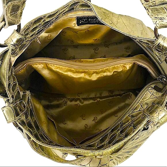 RIPANI Metallic Soft Gold Reptile Embossed Italian Patent Leather Zipper Tote - Picture 9 of 11